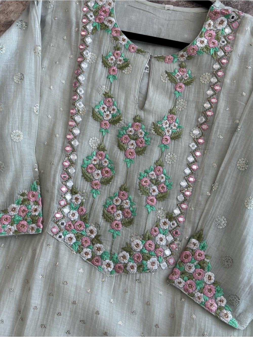 Embroidered Pastel Green Kurta with Pink Floral Accents